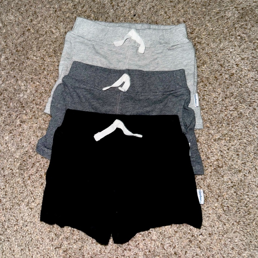 Gerber Baby Boy Shorts – 3-Pack (Light Grey, Dark Grey, Black) – 6-9 Months